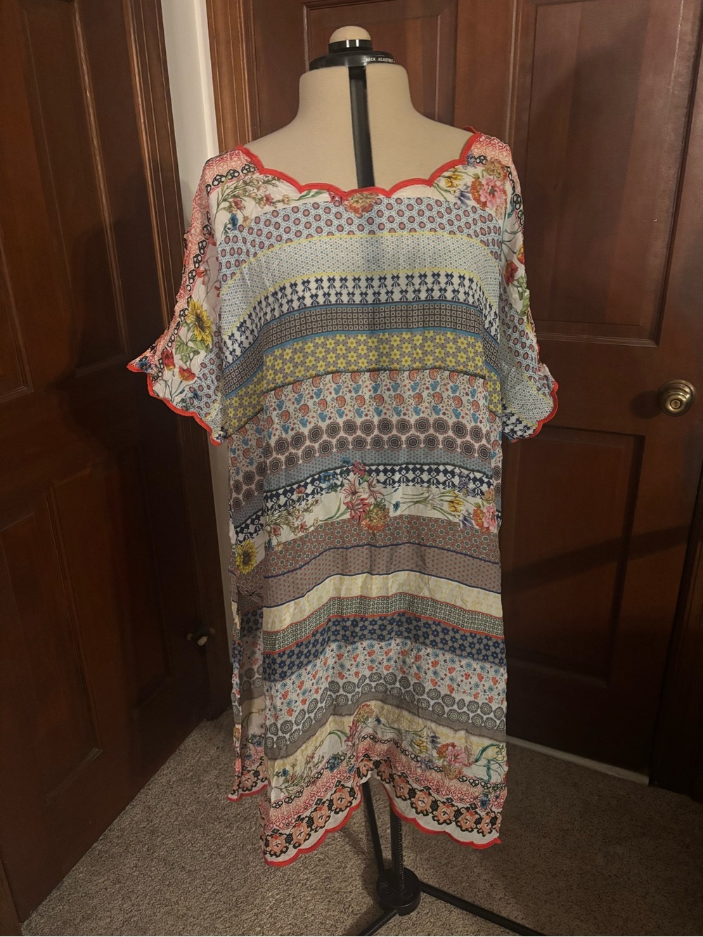 Johnny Was Multicolored Floral Stripe Midi Dress with Coral Trim